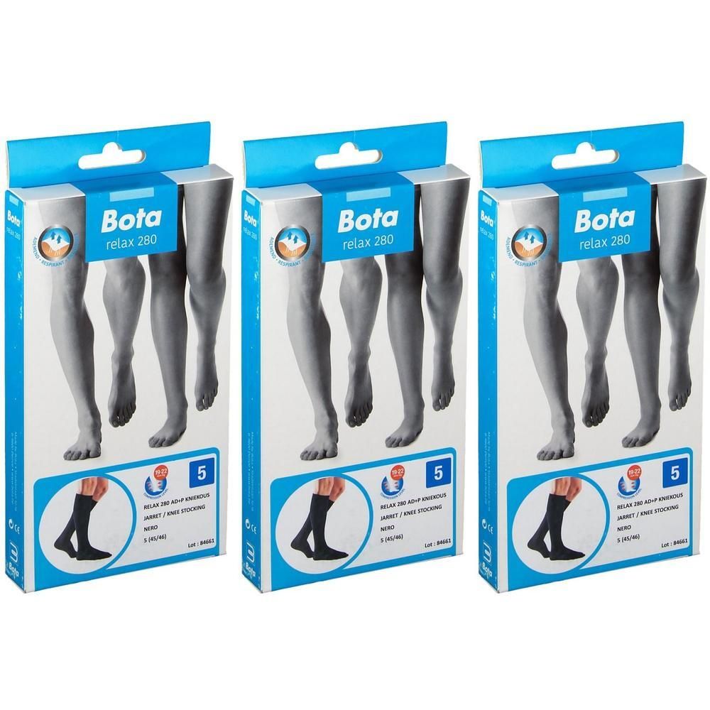 Trois boîtes de Bota Relax 280 Mi-Bas Noir Taille 5. Chaque boîte montre une jambe et les chaussettes. Emballage bleu et blanc.