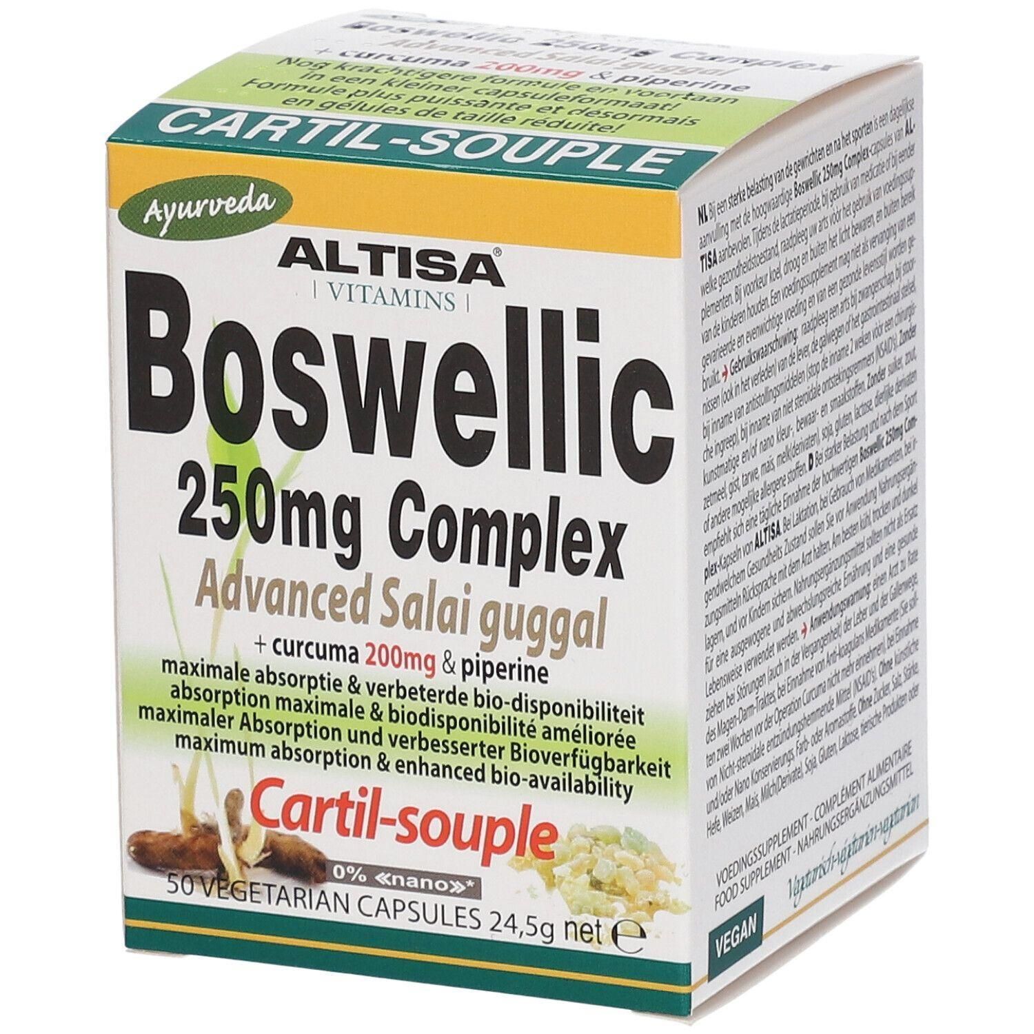 Doosje Boswellic 250mg Complex. Bevat 50 vegetarische capsules. Met opschrift 'Cartil-souple'.