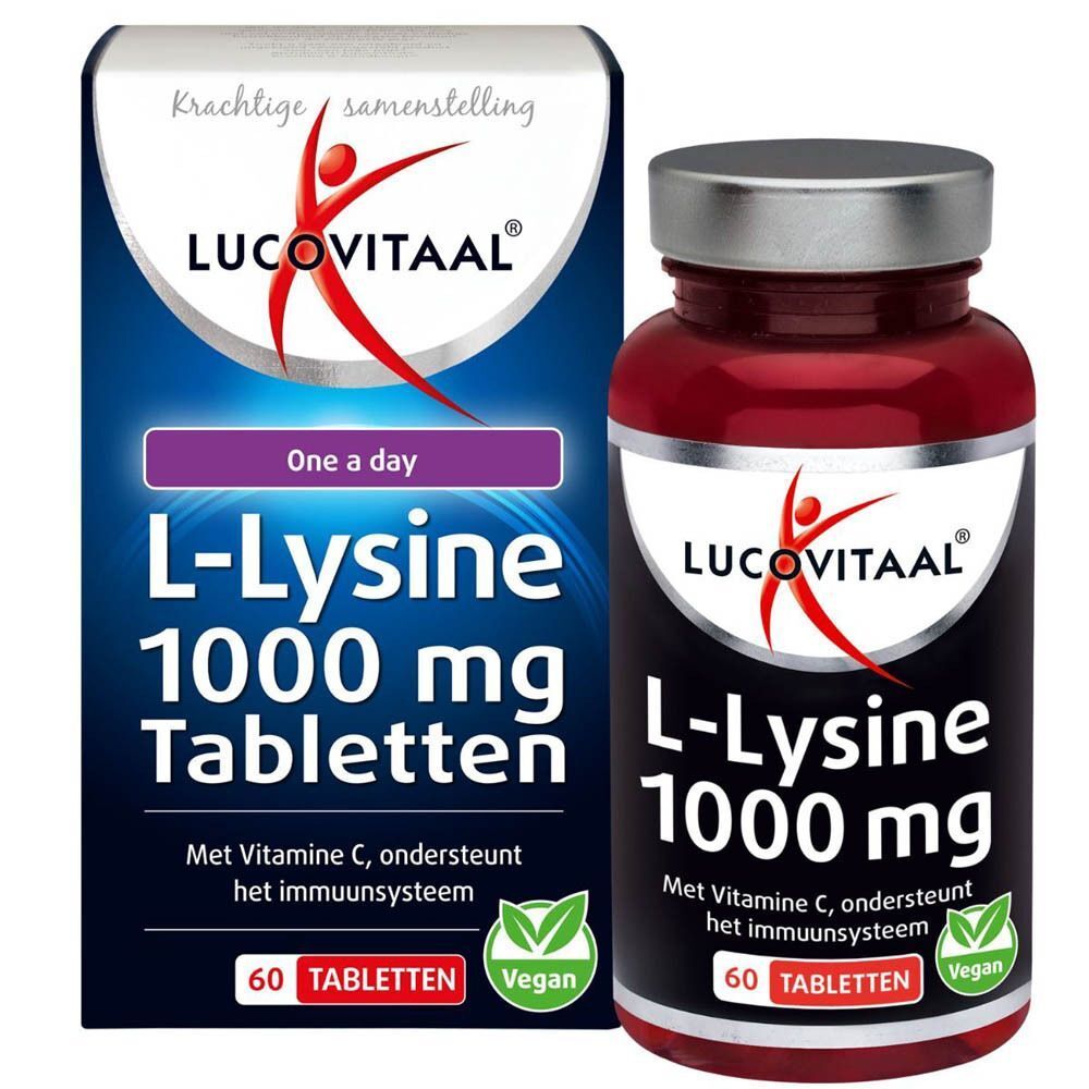 Fles en doos van Lucovitaal® L-Lysine 1000 mg. Rode fles met zilveren dop en wit etiket. Doos met opschrift: L-Lysine 1000 mg, 60 tabletten, vegan.
