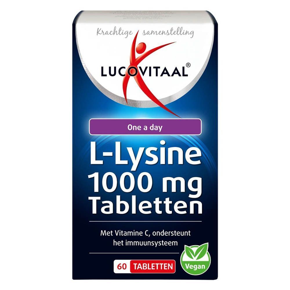 Boîte de Lucovitaal® L-Lysine 1000 mg. Boîte bleue avec texte blanc : L-Lysine 1000 mg comprimés, 60 comprimés, vegan. Avec logo.