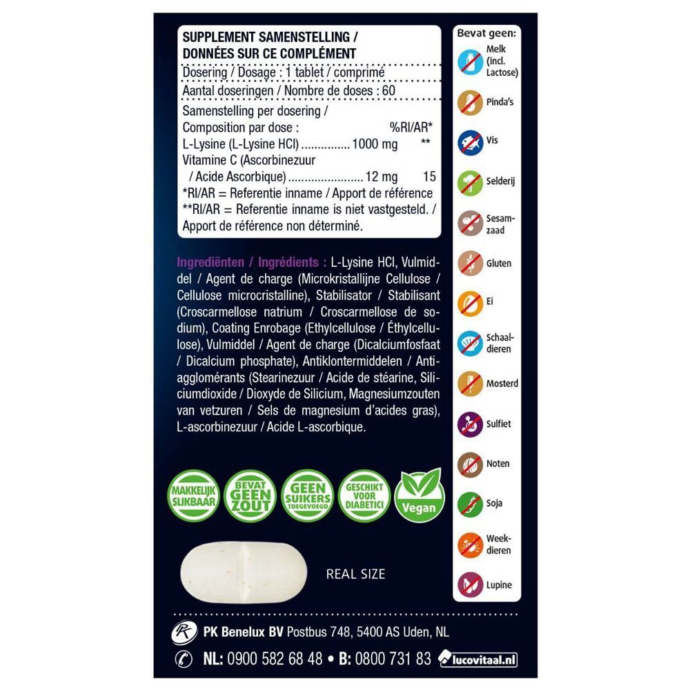 Dos de l'emballage de Lucovitaal® L-Lysine 1000 mg. Contient des informations sur les ingrédients, le dosage et les valeurs nutritionnelles.