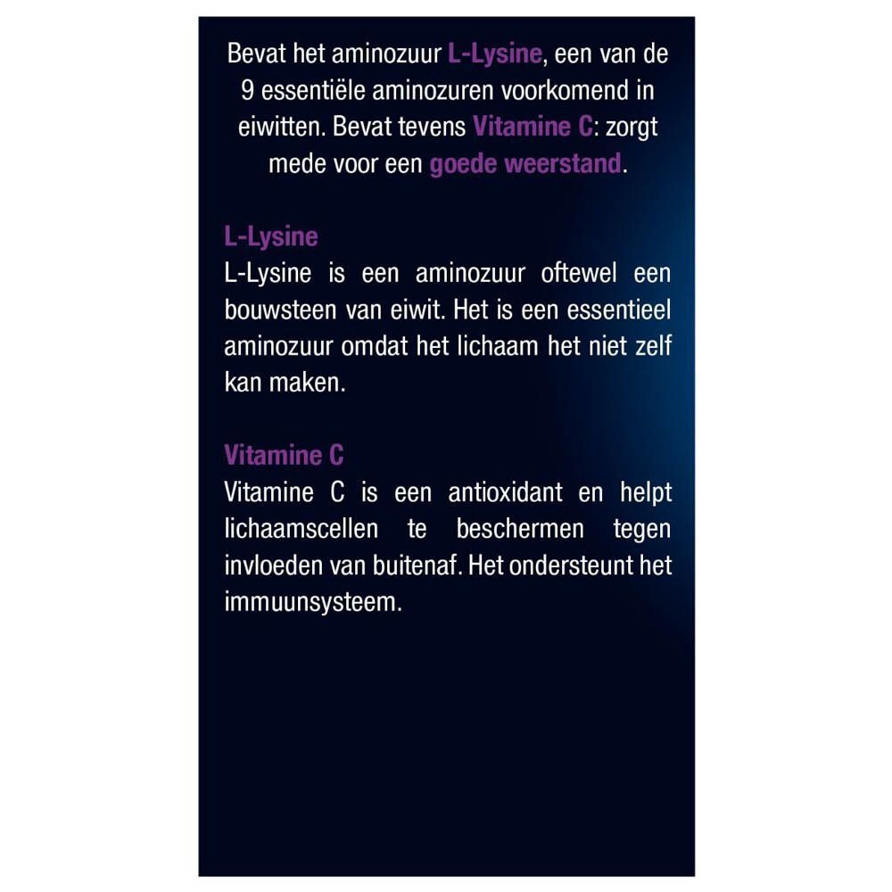 Tekst op blauwe achtergrond. Beschrijft L-Lysine en vitamine C. Legt de werking op het immuunsysteem uit.