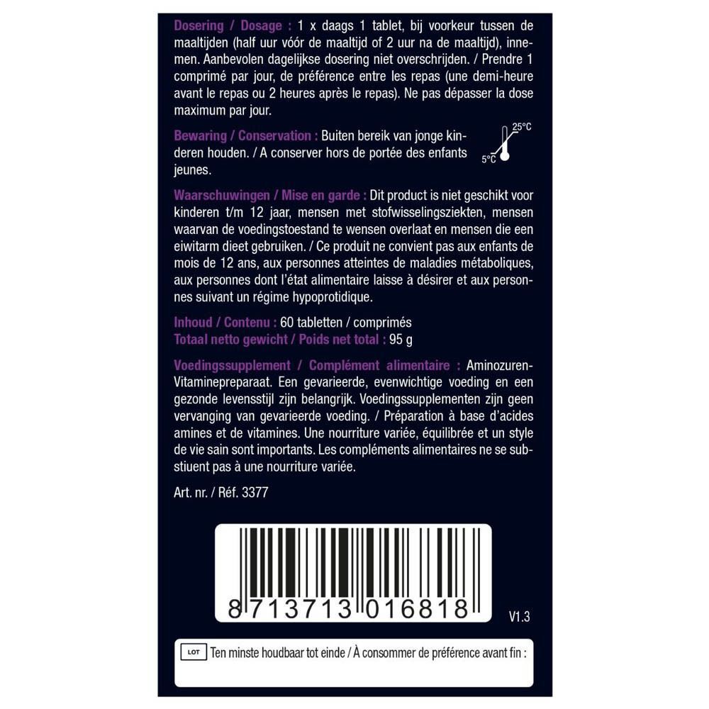 Dos de l'emballage avec instructions de dosage et avertissements. Contient des informations sur la conservation et la durée de conservation.