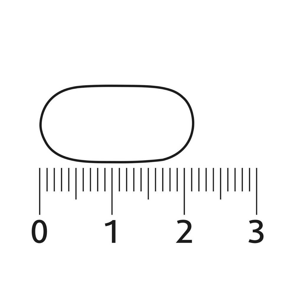 Een enkele, ovale tablet met een schaal in centimeters. De tablet is ongeveer 1,5 cm lang.