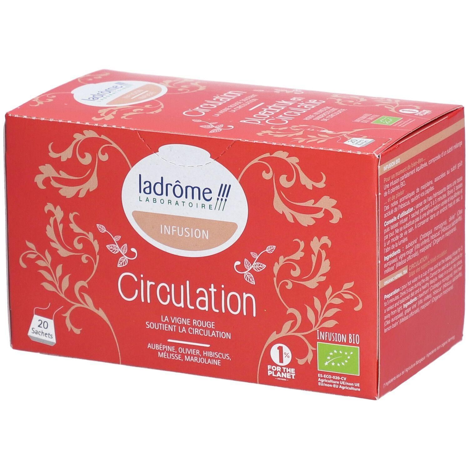 Rode doos "Circulation" met 20 zakjes. Label: Ladrôme Infusion Bio. Bevat kruidenextracten.
