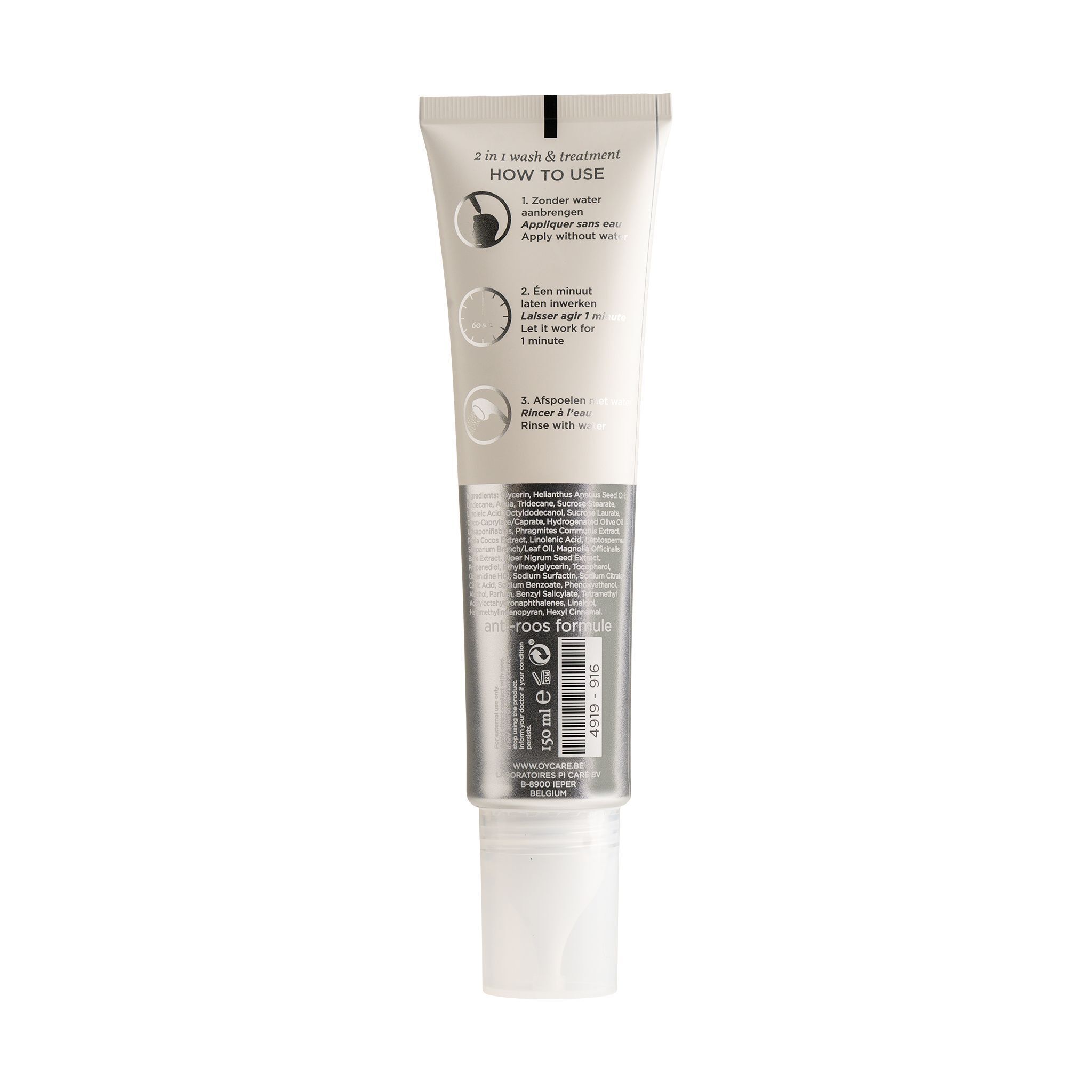 Achterkant van een tube Oy Scalp & Hair Wash. Bevat instructies en productinformatie.