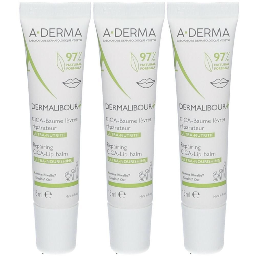 Drie tubes A-DERMA Dermalibour+ Cica-Baume lèvres. Witte tubes met groene tekst en lippenillustratie. 15ml.
