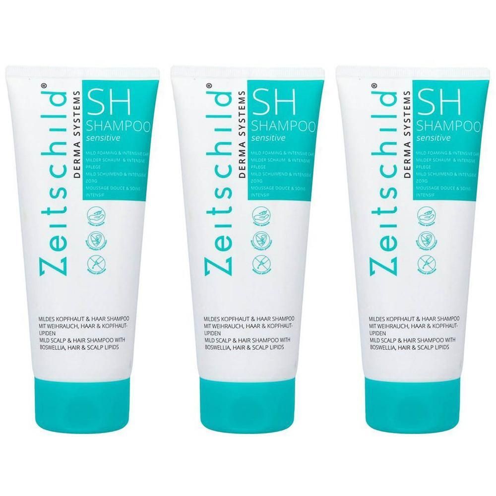Drie tubes Zeitschild Derma Systems Shampoo Sensitive. Witte tubes met turquoise bodem. Opschrift: SH Shampoo Sensitive.
