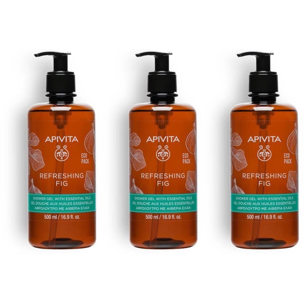 Trois flacons de gel douche Apivita Refreshing Fig. Flacons bruns avec pompe noire. Texte: Refreshing Fig, 500 ml.