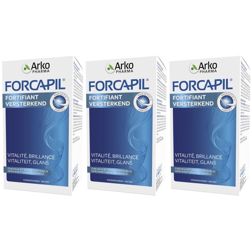 Drie dozen Forcapil. Opschrift: Arko Pharma, Forcapil, Fortifiant, Vitalité, Brillance, Vitaliteit, Glans.