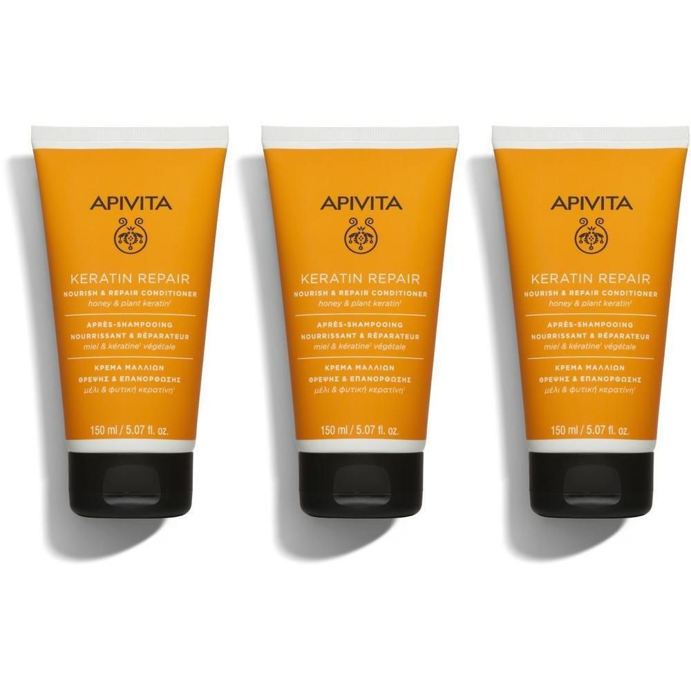 Drie tubes conditioner. Gele tubes met zwarte dop. Opschrift: Apivita, Keratin Repair.