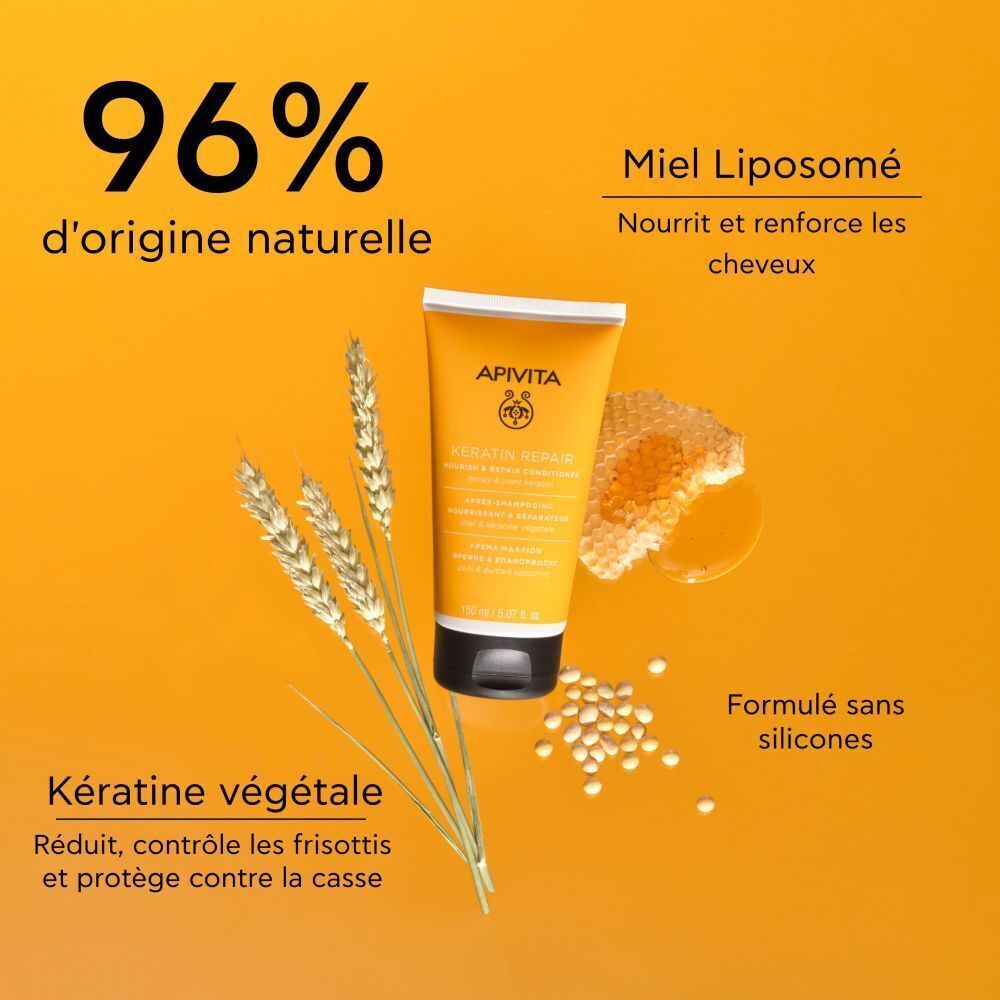 Tube de conditionneur jaune, épis, rayon de miel, miel. Inscription: Apivita, Keratin Repair. Fond orange.