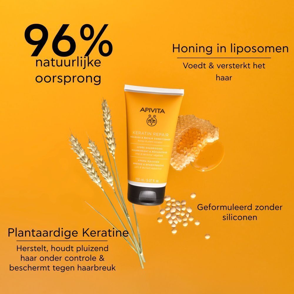 Gele tube conditioner, aren, honingraat, honing. Opschrift: Apivita, Keratin Repair. Achtergrond: oranje.