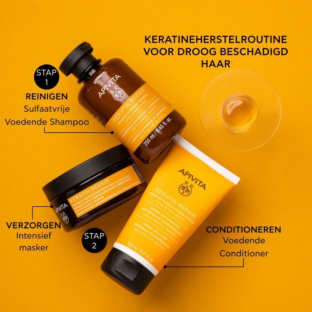 Gele tube conditioner, reageerbuizen. Opschrift: Apivita, Keratin Repair. Achtergrond: oranje.