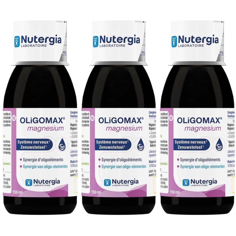 Trois flacons de liquide noir. Inscription: OLIGOMAX magnesium, Nutergia. 150 ml.