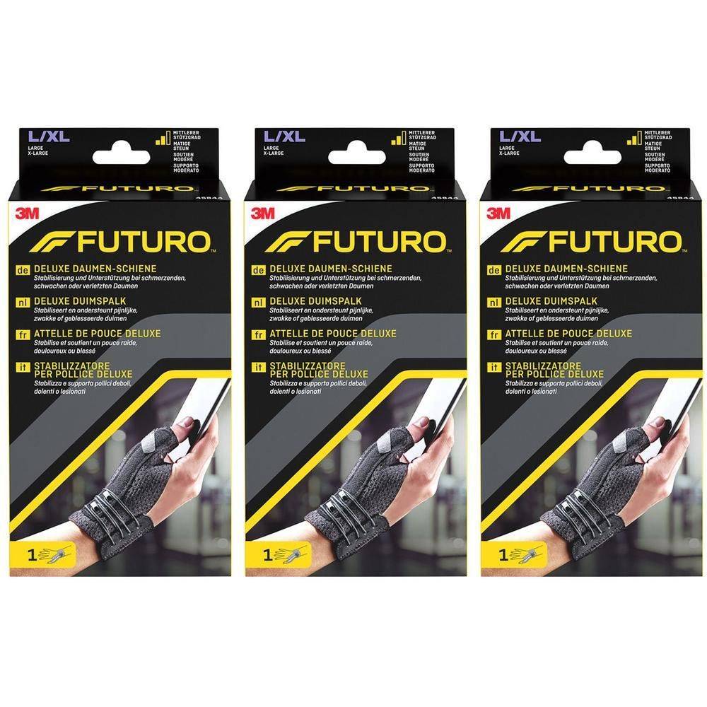 Drie FUTURO™ Deluxe Duimspalk verpakkingen. Zwart, L/XL. 3M logo. Tekst in het Duits, Nederlands, Frans en Italiaans.