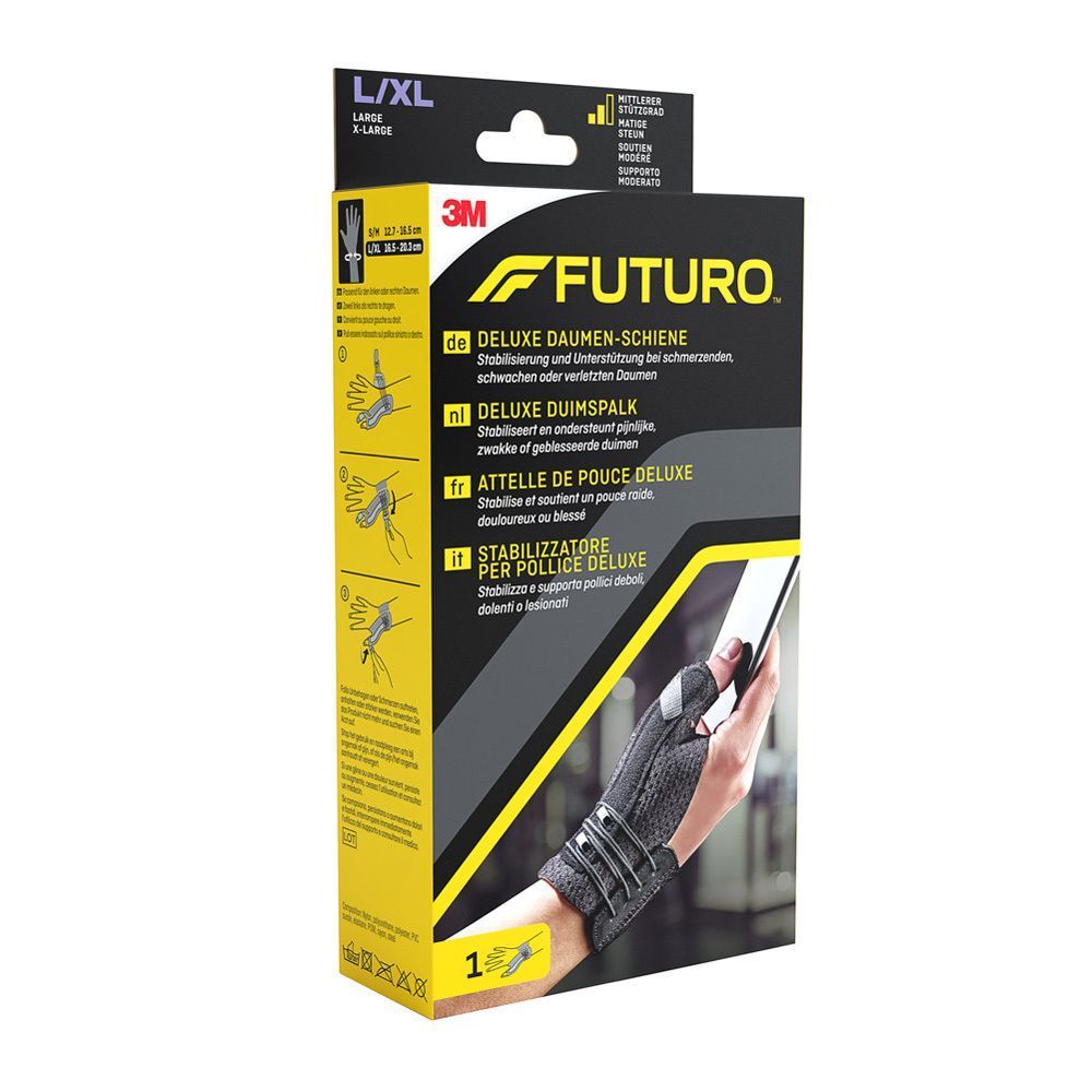 FUTURO™ Deluxe Duimspalk verpakking. Zwart, L/XL. 3M logo. Tekst in het Duits, Nederlands, Frans en Italiaans.