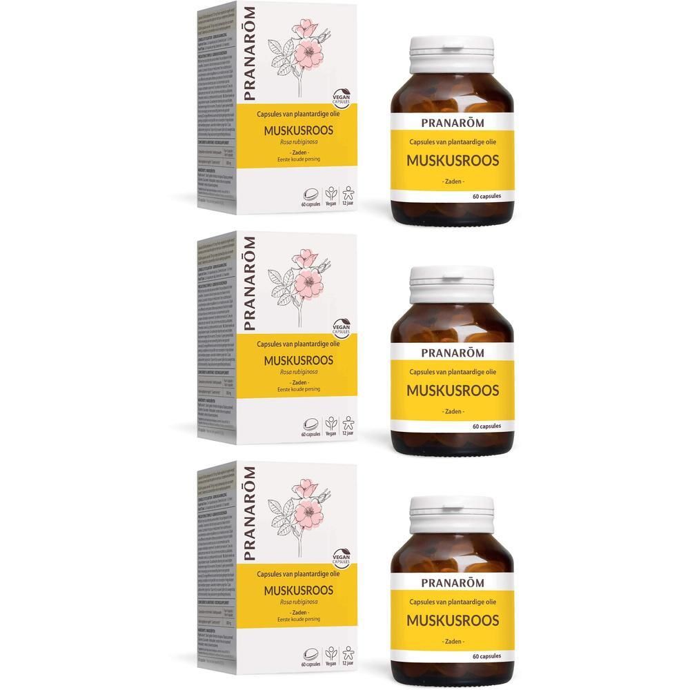 Drie flessen en dozen met capsules. Opschrift: Pranarôm Muskros. Gele capsules.