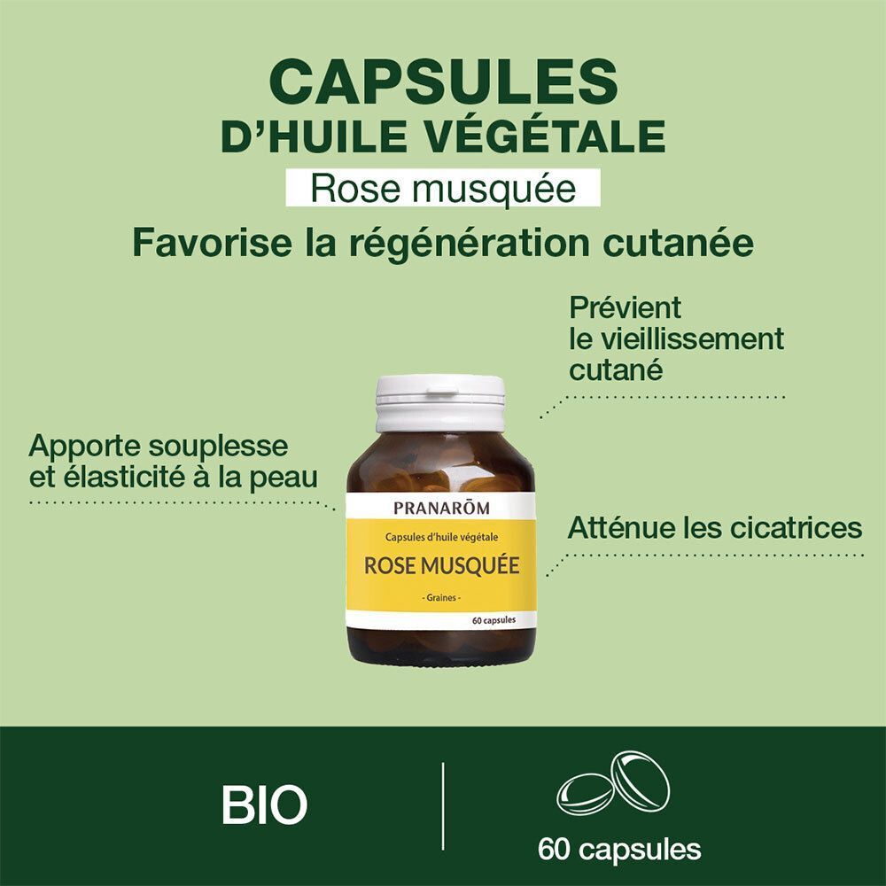 Flacon de gélules. Inscription: Pranarôm Rose Musquée. Texte: Capsules d'huile végétale. Label Bio. 60 capsules.