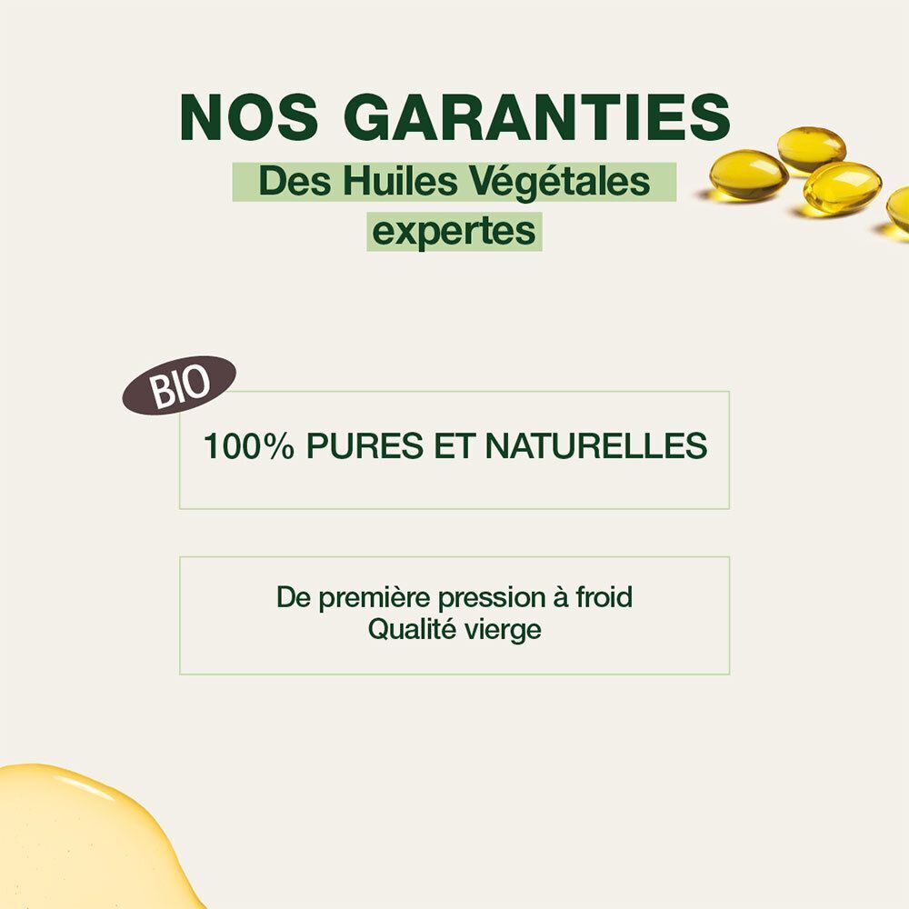 Texte: Huiles végétales 100% pures et naturelles. Label Bio. Première pression à froid, qualité vierge. Gélules jaunes.