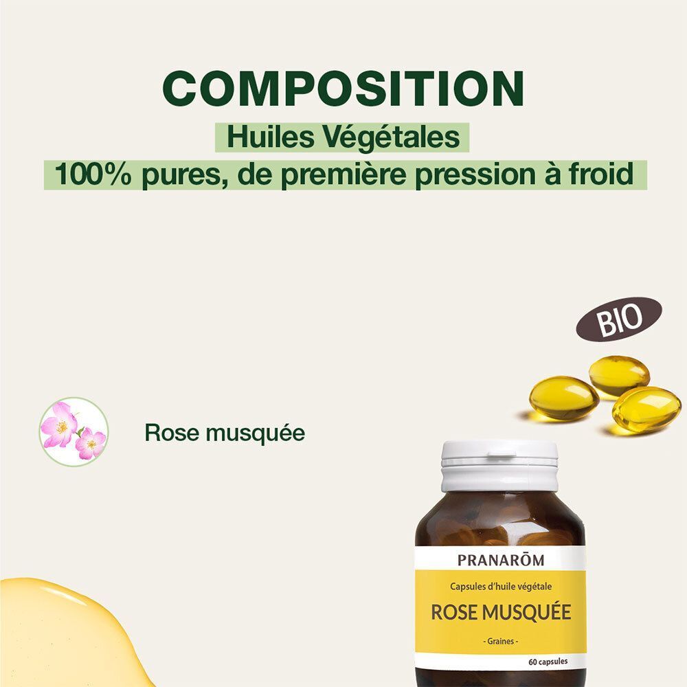 Texte: Composition: Huiles végétales 100% pures, première pression à froid. Label Bio. Rose musquée. Gélules jaunes.