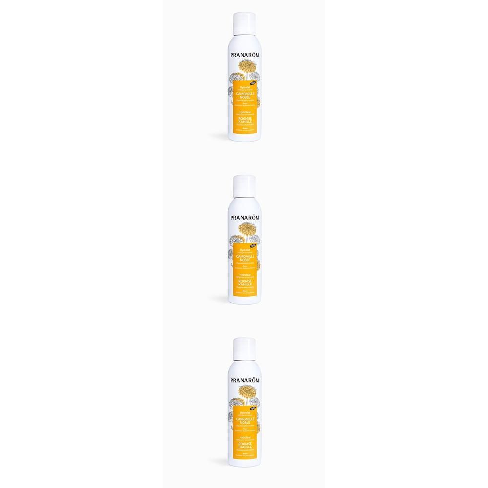 Trois flacons spray blancs. Marque Pranarôm. Étiquette jaune avec fleurs de camomille.