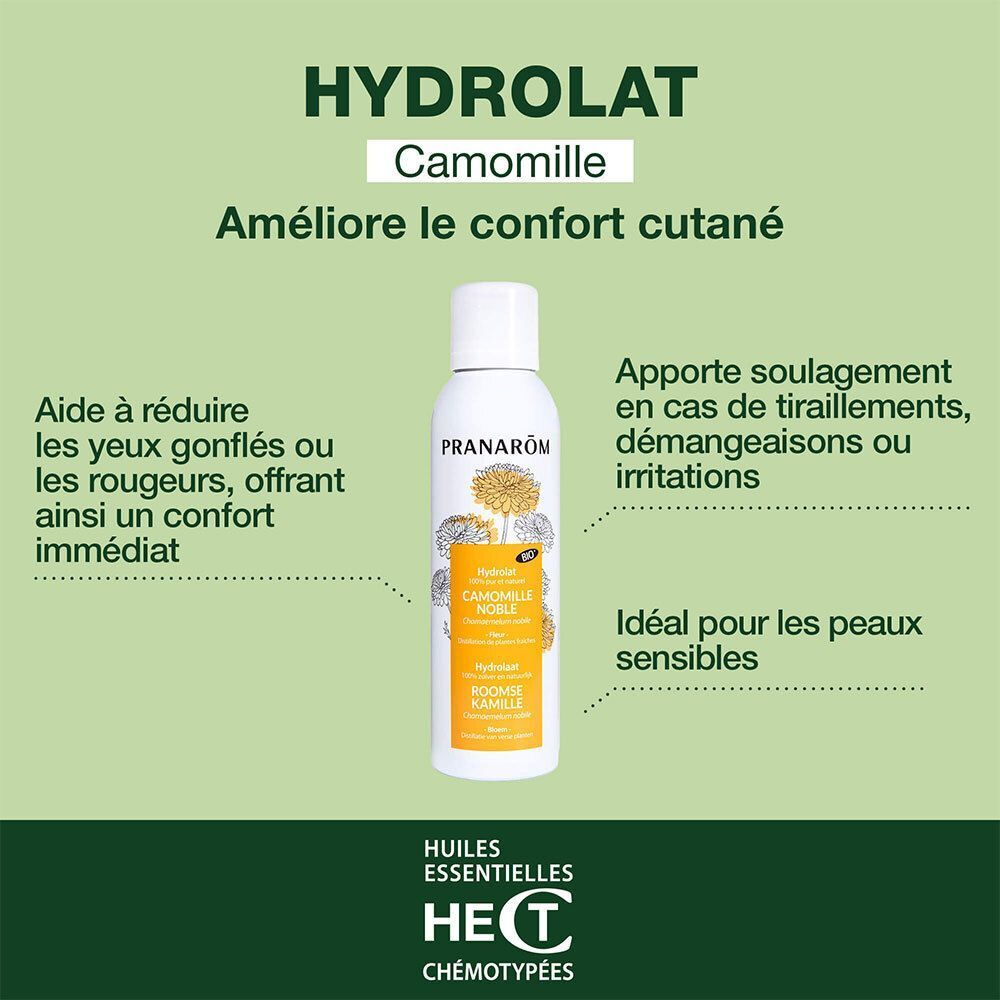 Flacon de produit avec étiquette jaune. Texte: Hydrolat Camomille, améliore le confort cutané. Logo HECT.