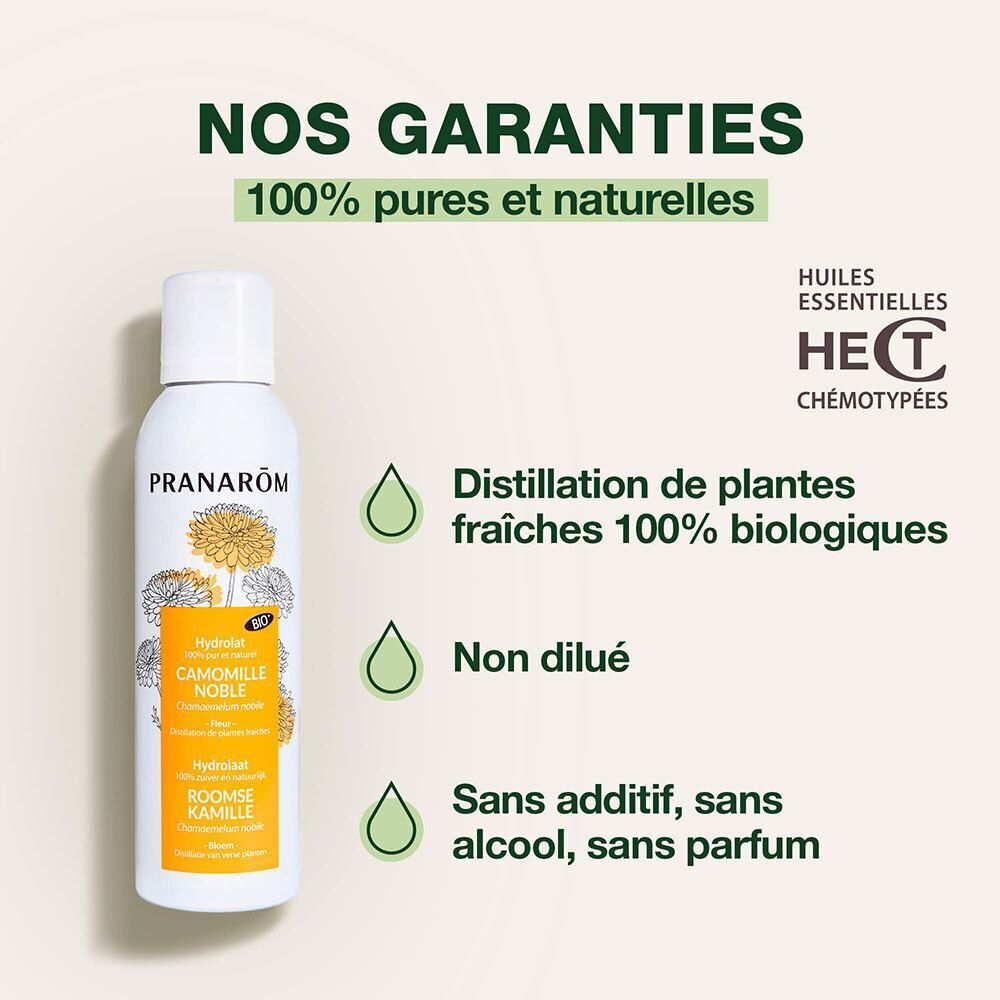 Flacon de produit avec étiquette jaune. Texte: 100% pur et naturel. Distillation de plantes fraîches. Logo HECT.