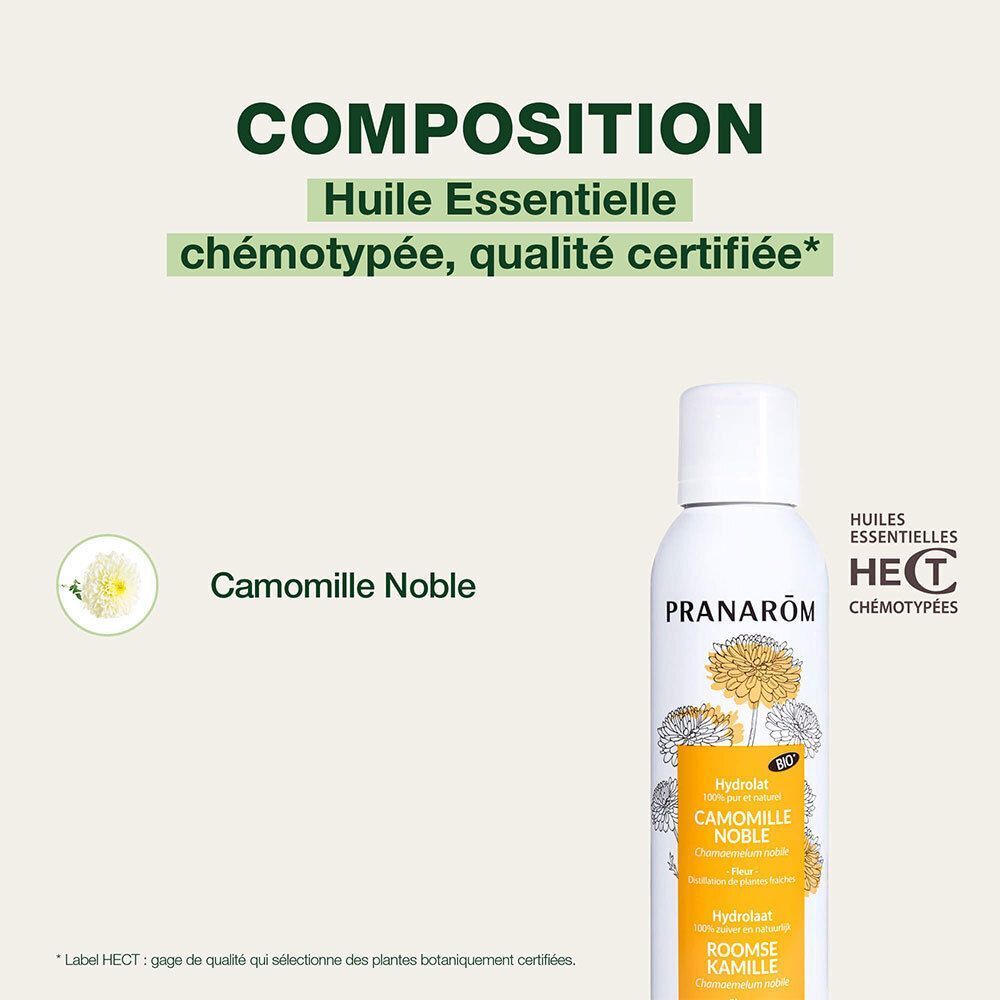 Flacon de produit avec étiquette jaune. Texte: Camomille Noble. Logo HECT. Qualité certifiée.
