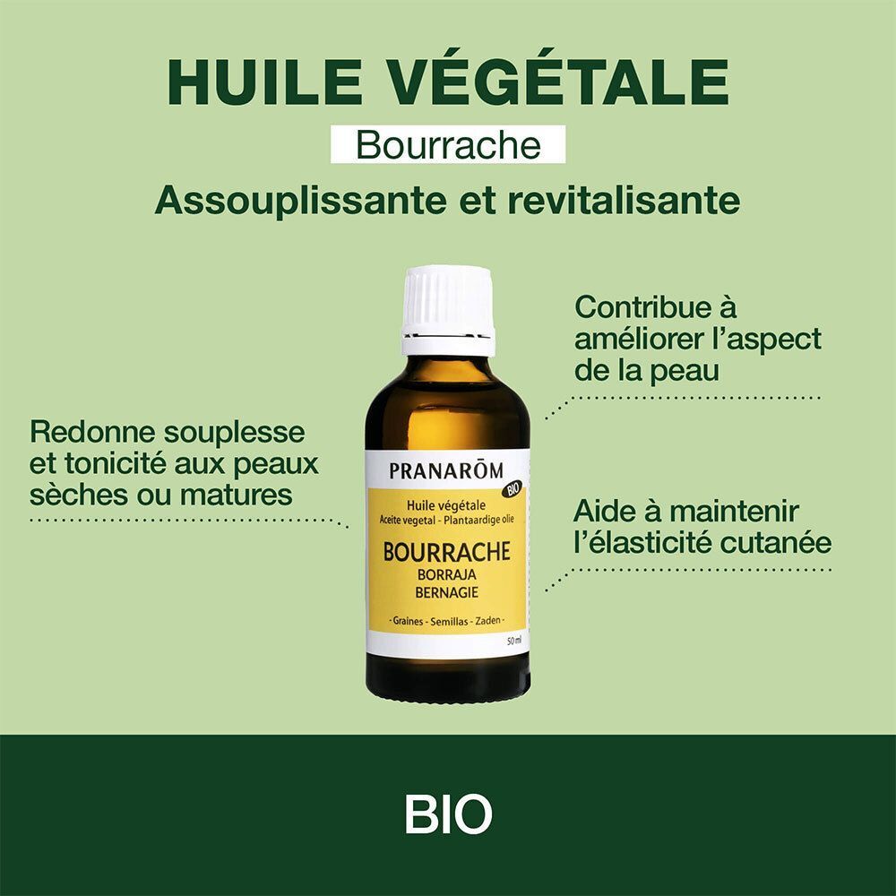 Un flacon d'huile Pranarôm Bourrache Bio. Texte: Huile végétale, Bourrache, BIO. Propriétés: assouplissante, revitalisante.