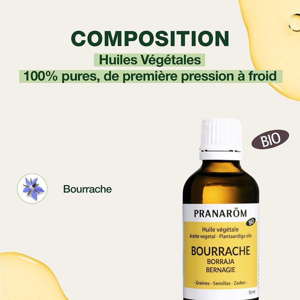 Un flacon d'huile Pranarôm Bourrache Bio. Texte: Huiles végétales, 100% pures, première pression à froid. Label BIO.