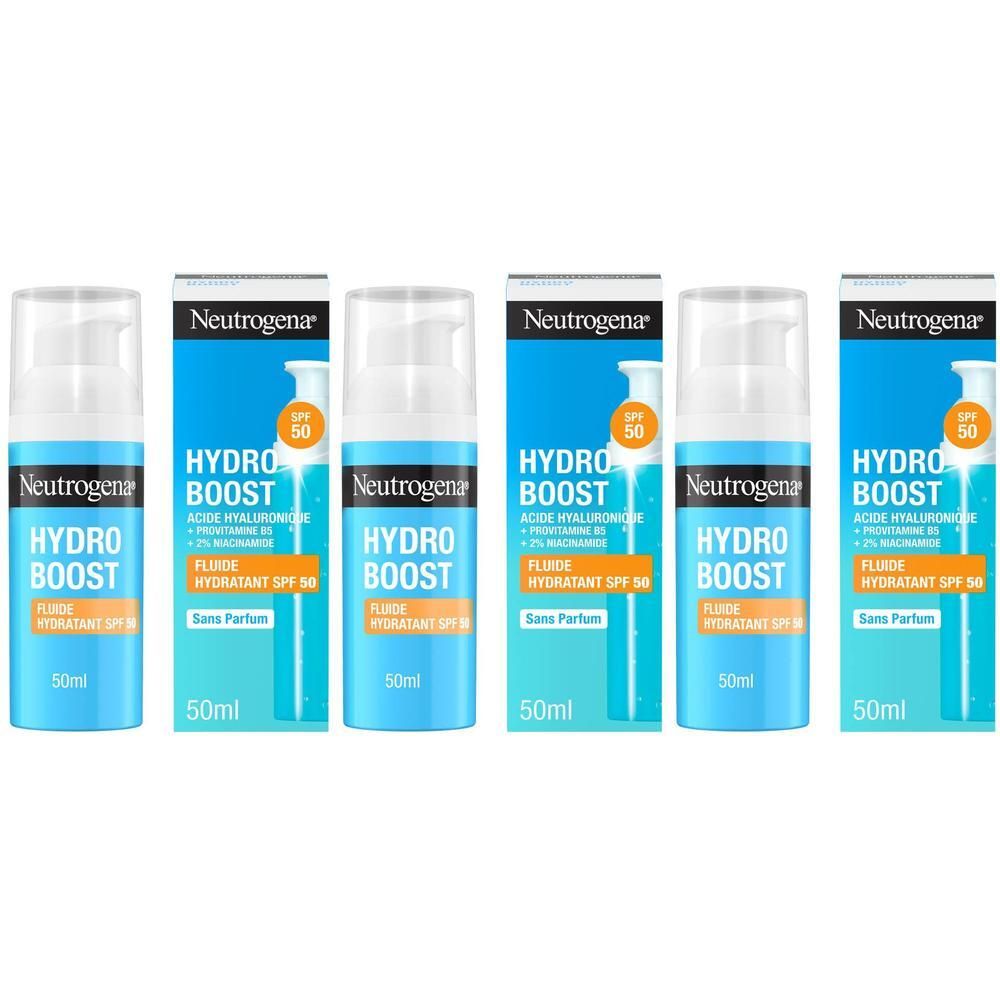 Plusieurs flacons Neutrogena Hydro Boost Fluide Hydratant SPF 50 avec emballage. Flacons bleus avec pompe blanche.