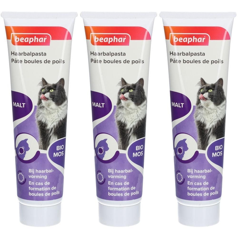 Trois tubes de pâte Beaphar pour boules de poils. Chaque tube présente une image de chat et le mot 'MALT'.