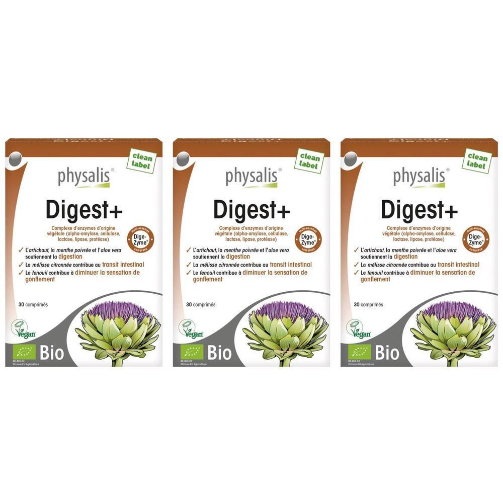 Trois boîtes de Physalis Digest+ Bio. Emballage blanc avec nom du produit, illustration d'artichaut et label Bio.