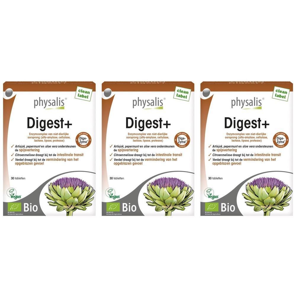 Drie verpakkingen Physalis Digest+ Bio. Witte verpakking met productnaam, artisjokillustratie en Bio-label.