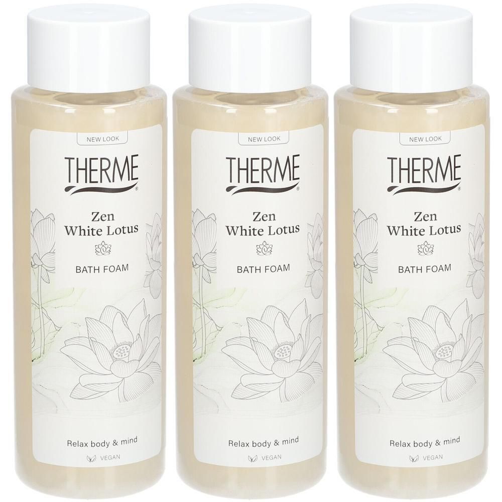 Drie flessen Therme Zen White Lotus badschuim. Witte flessen met witte dop en etiket met lotusbloem illustratie.