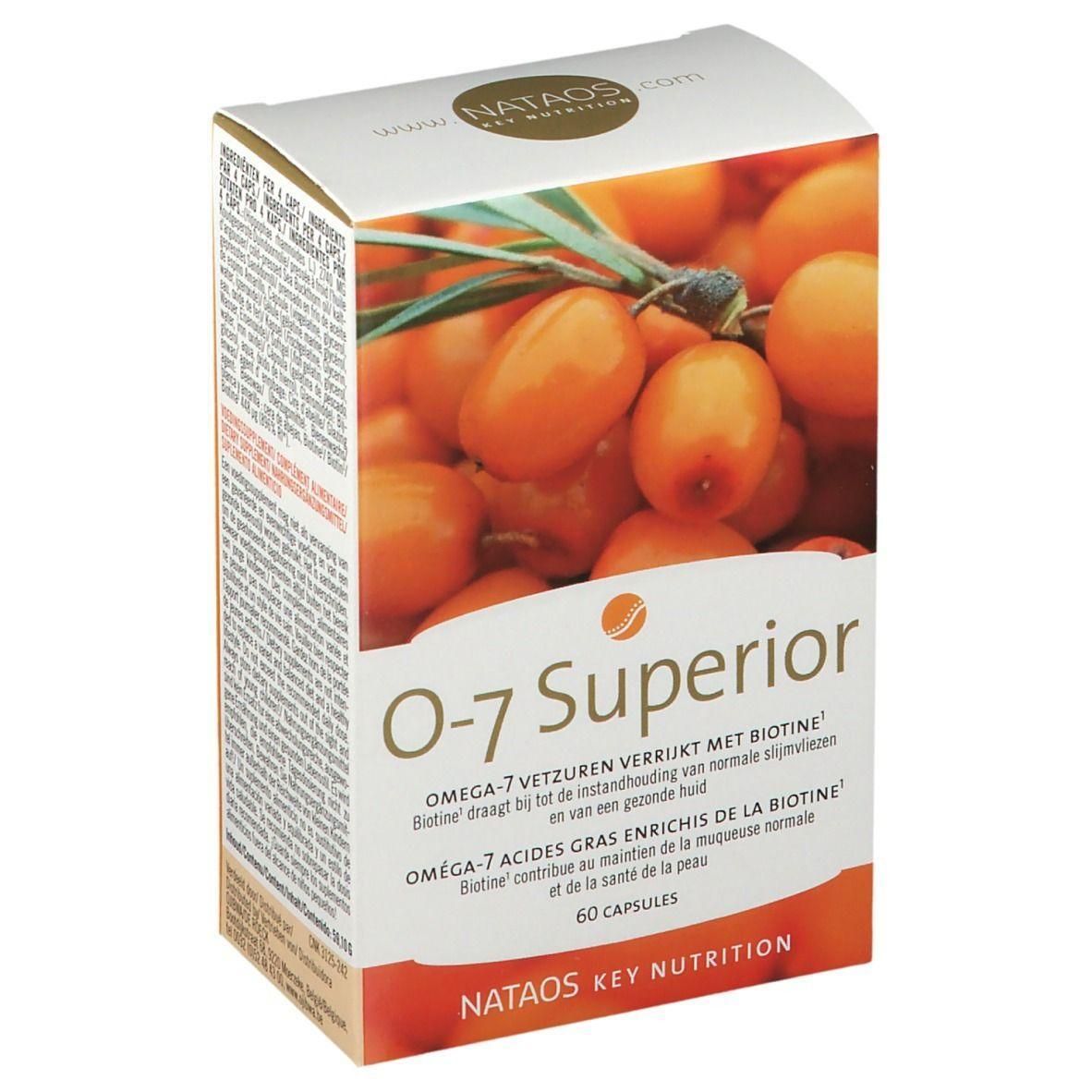 Boîte de produit avec illustration. O-7 Superior, Nataos Key Nutrition. Contient 60 capsules. Texte en français et néerlandais.