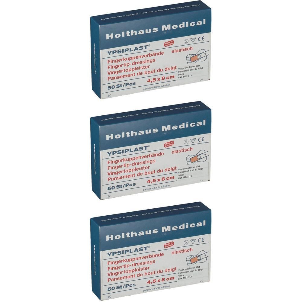 Drie dozen YPSIPLAST vingerverband. Opschrift: Holthaus Medical, 4,5 x 8 cm, 50 stuks.