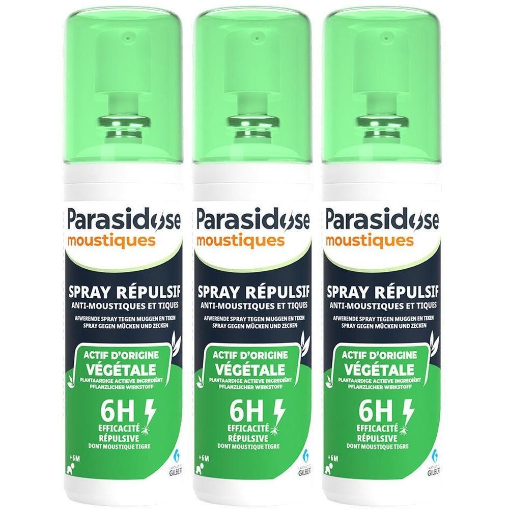 Trois flacons de spray avec bouchons verts. Inscription: Parasidose moustiques, Spray Répulsif, Anti-Moustiques et Tiques. Actif d'origine végétale.