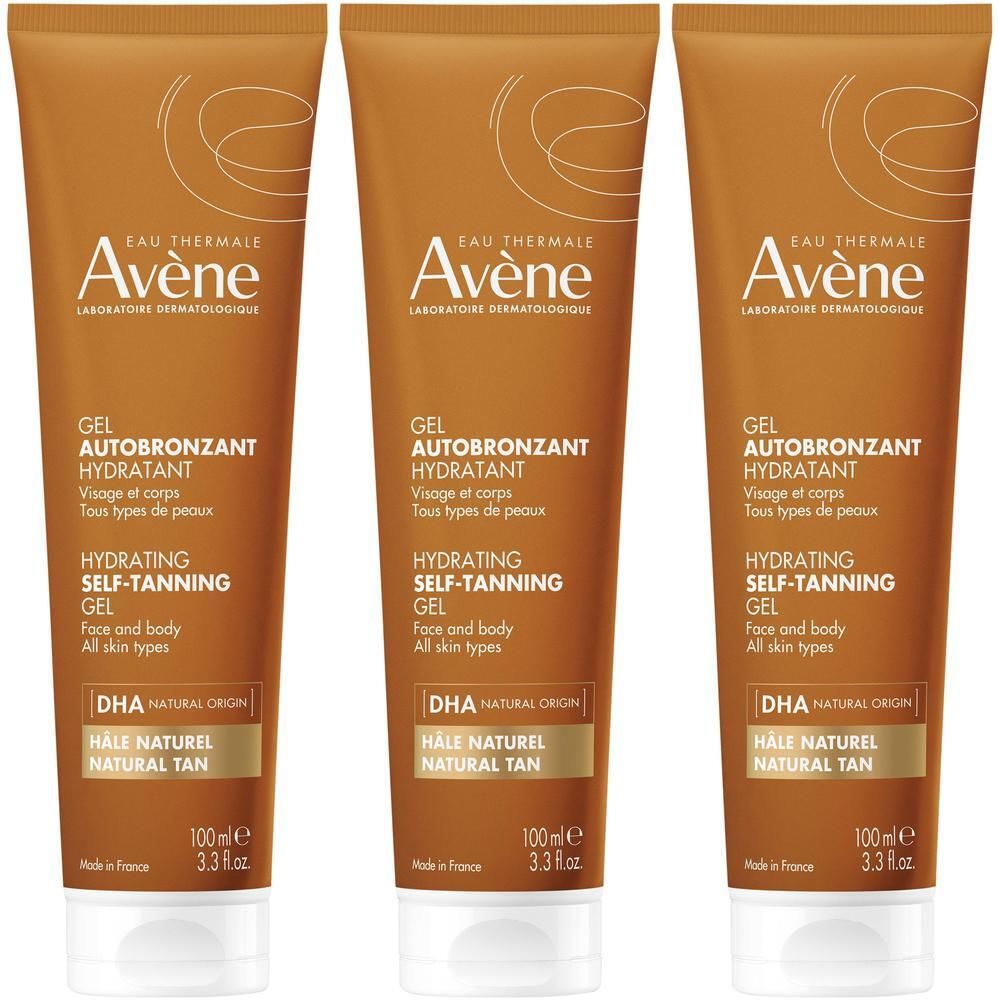 Drie tubes zelfbruinende gel. Bruine tubes met witte tekst. Productnaam en merk zichtbaar.