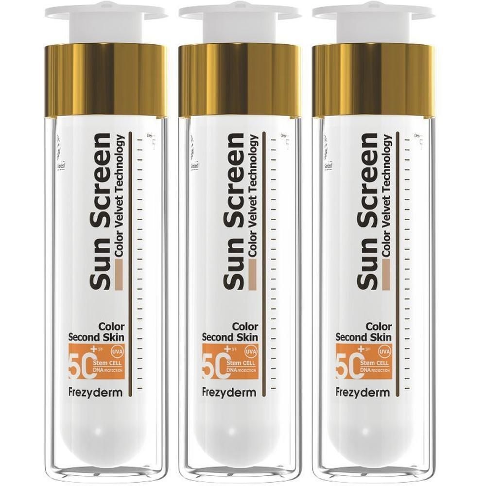 Trois flacons de crème solaire. Corps blanc, bouchon doré. Inscription: Sun Screen, Color Velvet Technology, SPF 50, Frezyderm.