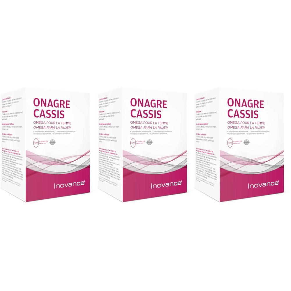 Drie witte dozen met ONAGRE CASSIS. Roze accent. Merk Inovance.