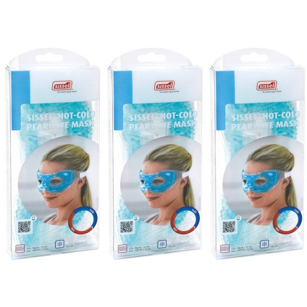 Trois emballages de masque pour les yeux Sissel Hot-Cold Pearl. Masque bleu à perles dans un emballage transparent. Inscription : Sissel, Hot-Cold Pearl Eye Mask.