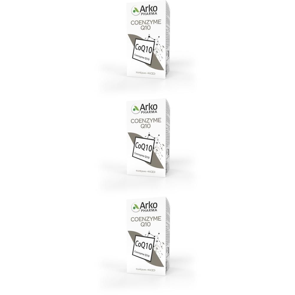Trois boîtes Arko Pharma Co-Enzyme Q10. Emballage blanc avec logo et informations produit.