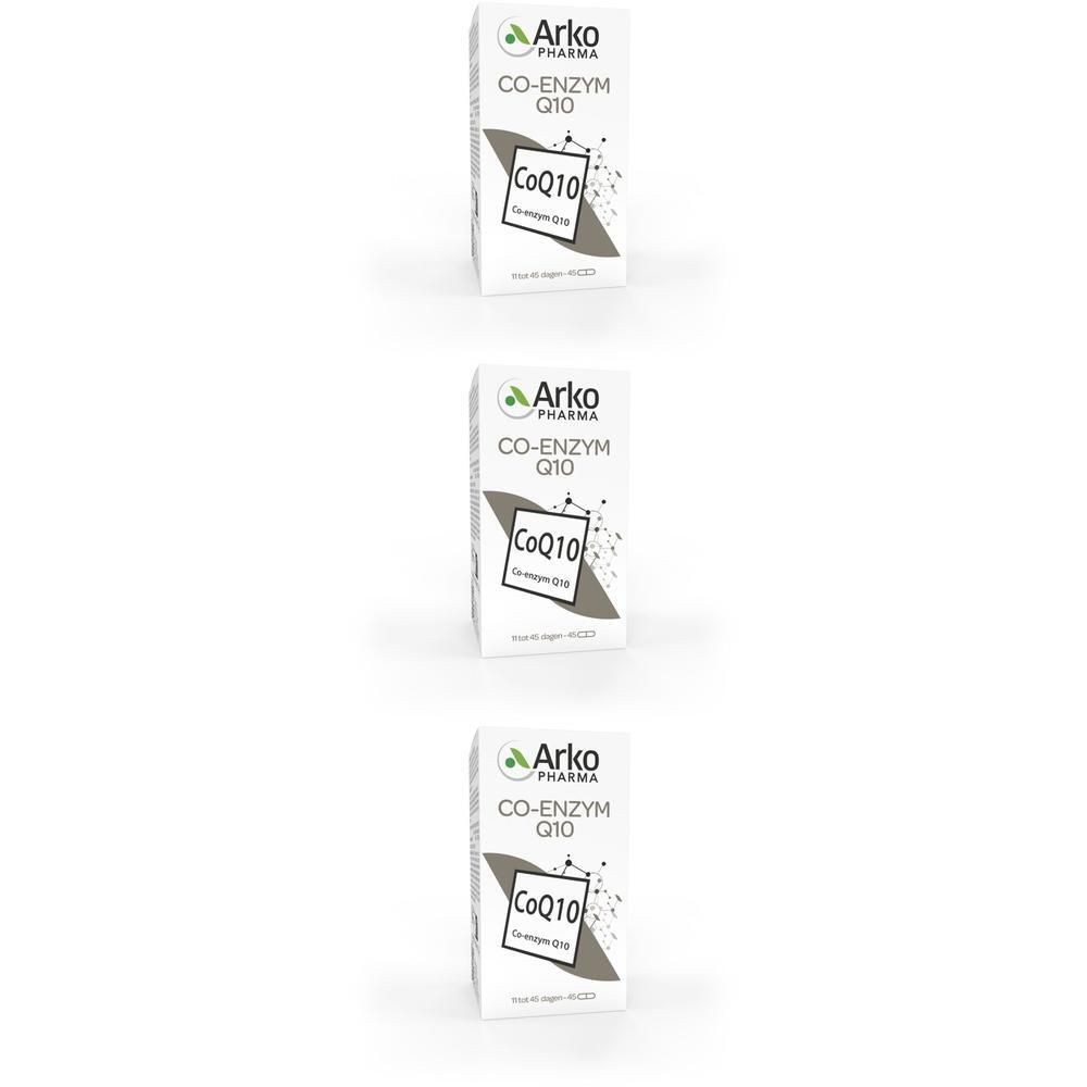 Drie dozen Arko Pharma Co-Enzym Q10. Witte verpakking met logo en productinformatie.
