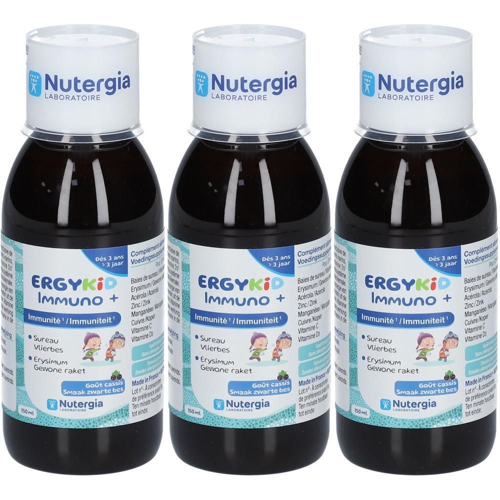 Drie flessen met witte doppen. Opschrift: Ergykid Immuno+. Merk: Nutergia. Met ingrediënten en illustraties.