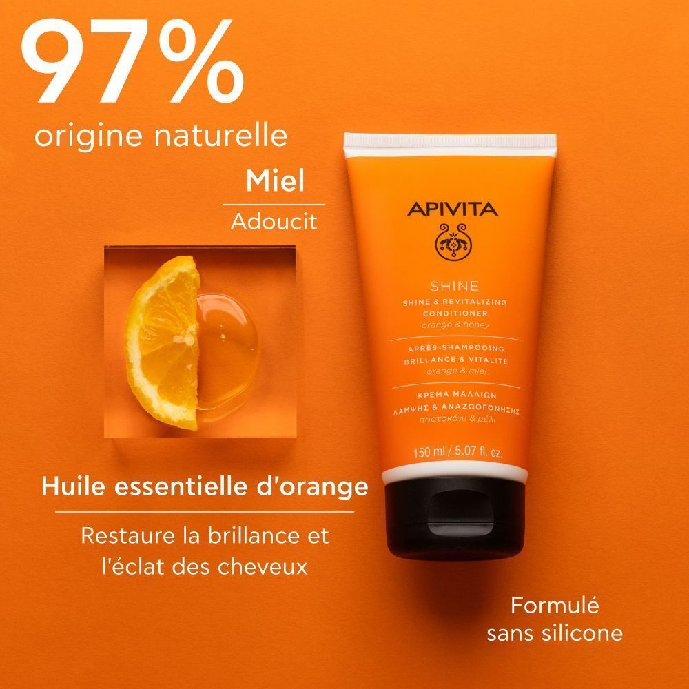 Apivita Shine Conditioner orange, avec orange et miel. Texte: 97% ingrédients naturels. Sans silicone.