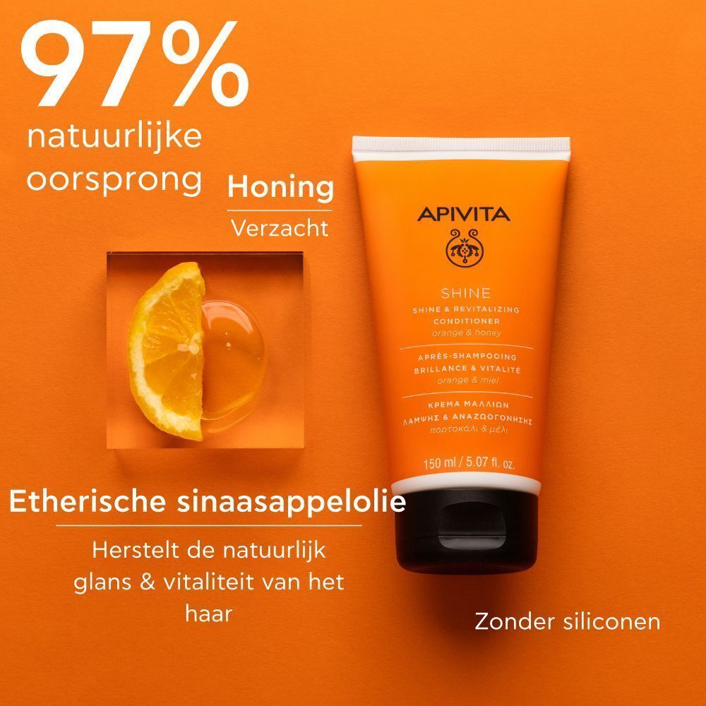 Apivita Shine Conditioner oranje, met sinaasappel en honing. Tekst: 97% natuurlijke ingrediënten. Zonder siliconen.