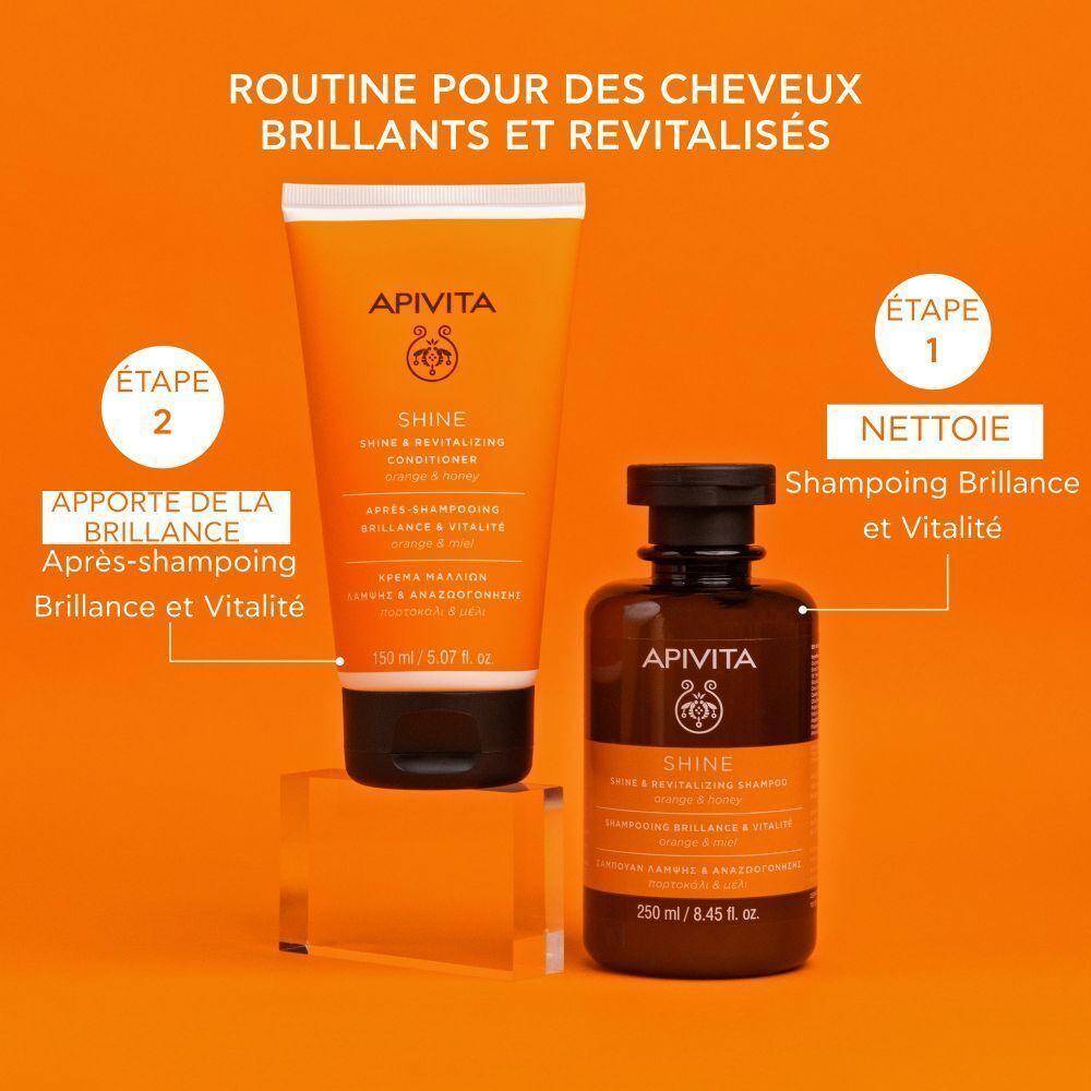 Apivita Shine Conditioner et shampooing. Texte: Routine pour cheveux brillants. Flacons de 150ml et 250ml.
