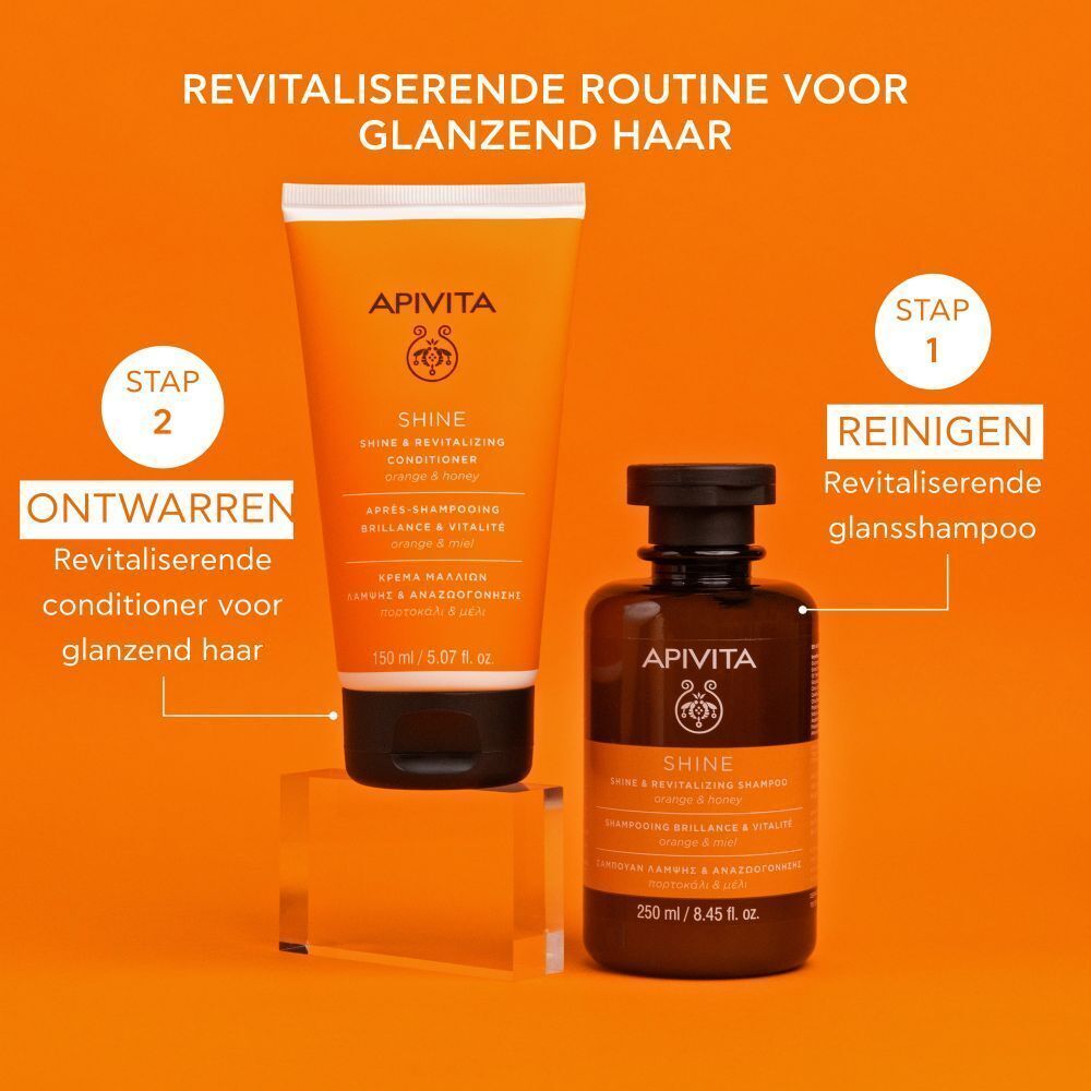 Apivita Shine Conditioner en shampoo. Tekst: Routine voor glanzend haar. Flessen van 150ml en 250ml.